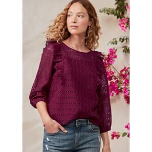 Garnet Hill Ruffle-Detail Lace Blouse Romantic Casual Crushed Berry Women's 16